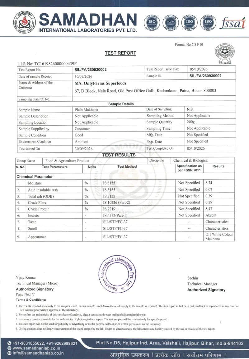OnlyFarms Superfoods Makhana SIL FA 260930002 FSSR Analysis page 0001